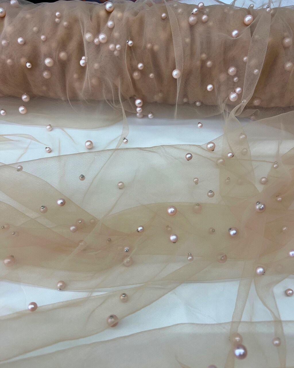 Champagne Pearl Tulle Fabric by the Yard, 60" Wide Soft Pearl Scattered Mesh